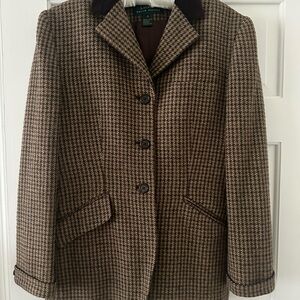 Ralph Lauren Brown Houndstooth Wool Blazer with Dark Brown Collar